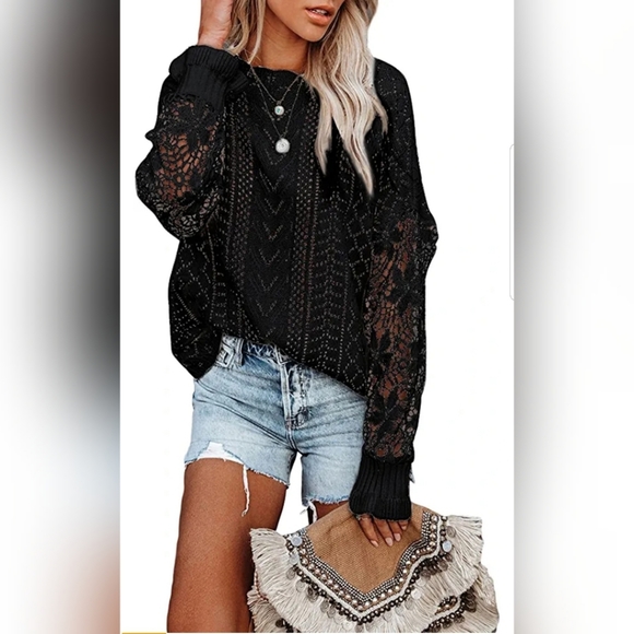 Sweaters - 🌨Women Lace Crochet Long Sleeve Crewneck Sweaters